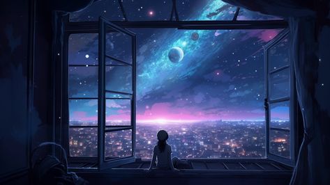 Anime Skies, Cosmic Landscape, A Person Sitting, An Open Window, Person Sitting, Fantasy Places, Cool Wallpapers Art, Open Window, Pretty Wallpapers Backgrounds