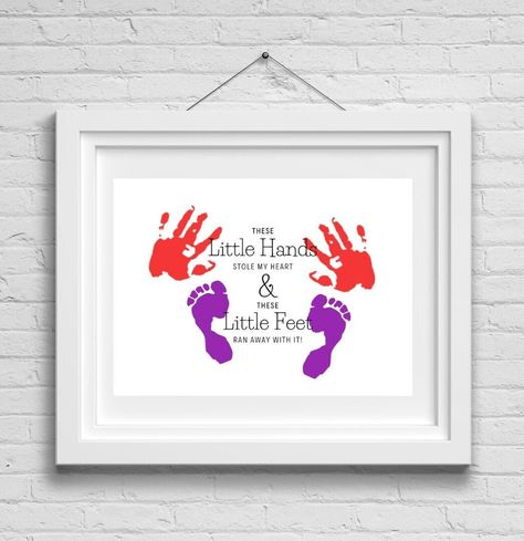 "These Little Hands Stole My Heart & These Little Feet Ran Away With It handprint and/or footprint art printable is the perfect craft for babies, toddlers, and kids! Included in your digital download: (1) PDF of \"These Little Hands Stole My Heart & These Little Feet Ran Away With It\" with space to place handprint or footprint for customization (1) PDF of \"These Little Hands Stole My Heart & These Little Feet Ran Away With It\" Sample Page, showing handprint/footprint placement These handprint Craft For Babies, Baby Handprint Crafts, Cute Art Projects, Craft Handprint, First Birthday Posters, Footprint Craft, Baby Handprint, Budget Friendly Gift, Footprint Art