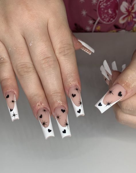 White French Tip Black Heart, White French Tip With Black Design, Black French Tip Nails With Heart, Black Nails With Hearts, French Tip Nails With Hearts, Cholo Nails, French Tip With Hearts, Nails With Hearts, White French Tip Nails