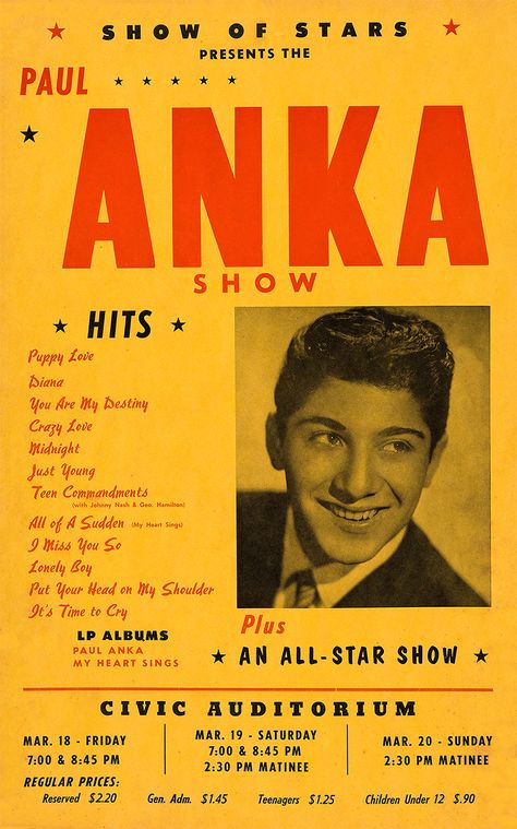 1960 Honolulu Civic Auditorium Paul Anka Poster, 1950s Rock And Roll, 50s Music, Paul Anka, Vintage Concert Posters, Music Concert Posters, Classic Rock And Roll, Radio Personality, Music Pics