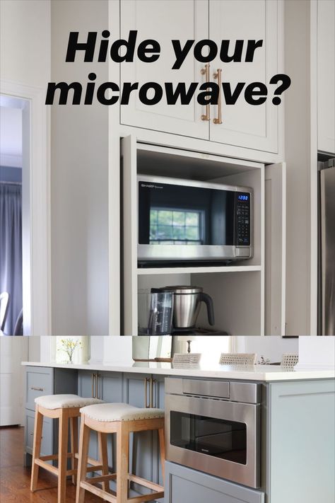 Various ways to store microwaves in your kitchen Hidden Kitchen Appliances, Microwave Placement, Hidden Appliances, Hidden Microwave, Hide Appliances, Kitchen Microwave, Appliance Garage, Microwave Drawer, Galley Style Kitchen