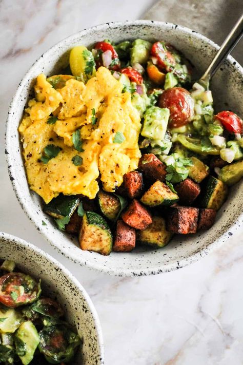 Ayurvedic Nutrition, Sweet Potato Breakfast Bowl, Potato Breakfast Bowl, Spicy Vegetables, Savory Cravings, Tomato Avocado Salad, Potato Breakfast, Tomato Avocado, Avocado Tomato Salad