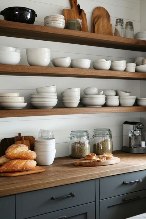 Open shelving in the kitchen creates an airy, modern look while keeping your essentials within easy reach. Use floating shelves to display glassware, dishes, and even potted herbs for a functional yet stylish addition to your kitchen.🍴✨ #OpenShelving #ModernKitchen #FunctionalDecor Kitchens Open Shelving, Modern Kitchen Open Shelving, Herb Display, Display Glassware, Open Shelving In The Kitchen, Potted Herbs, Modern Kitchen Open, Home Decor Shelves, Herb Pots