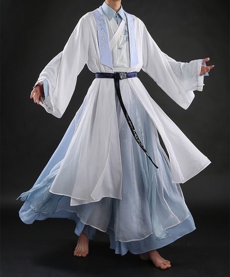 White And Blue Fantasy Outfit Male, Hanfu Men Traditional, Japan Traditional Clothes, Chinese Hanfu Male, Chinese Historical Fashion, Male Hanfu, Hanfu Male, Warrior Outfit, Japan Outfit