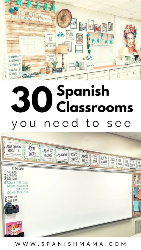 Get a look into Spanish classrooms from all over and see how ordinary teachers are setting up and organizing their rooms. Language Classroom Decor, Bilingual Classroom Decor, Spanish Teacher Classroom, Kids Classroom Decor, Spanish Classroom Decor, World Language Classroom, Spanish Classroom Activities, Math Classroom Decorations, Dual Language Classroom