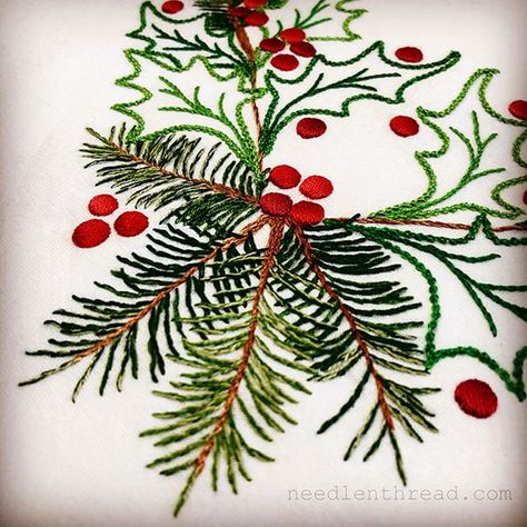 Holly & Evergreen: Details, Free Patterns, and More! – NeedlenThread.com Christmas Embroidery Patterns, Christmas Embroidery Designs, Embroidered Christmas, Paper Embroidery, Learn Embroidery, Japanese Embroidery, Embroidery Patterns Free, 자수 디자인, Sewing Embroidery Designs