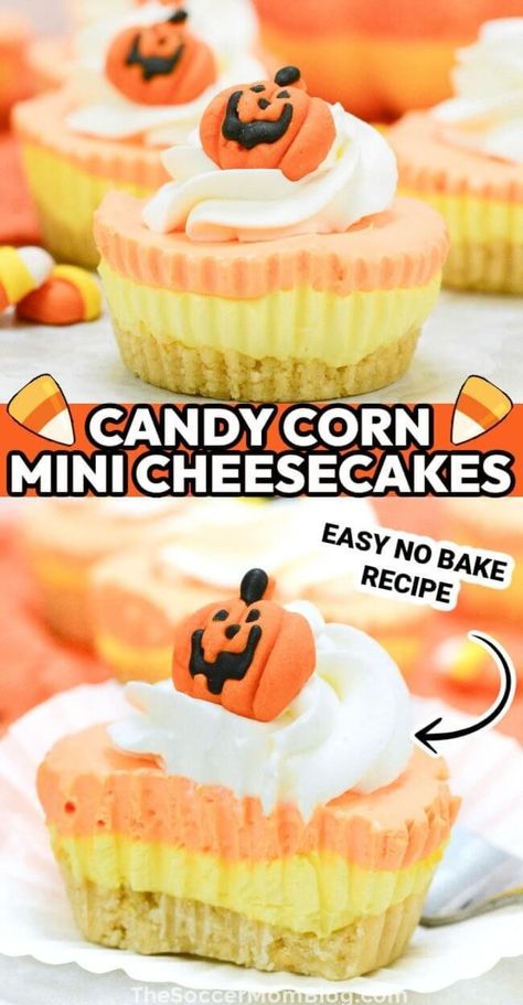 These adorable Candy Corn Mini Cheesecakes are the perfect sweet treat for a Halloween party! These adorable mini cheesecakes are layered to look like festive candy corn – with yellow, orange, and white layers. Not only are they cute, but they are easy to make too, with no baking needed! All you do is mix, layer, and chill!