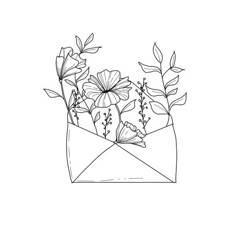 Grow where you are planted. Get floral prints here. Floral art. Floral drawing. Black and white floral art. Flowers in an envelope. Elegant floral drawings. Floral Envelope Drawing, Envelope With Flowers Tattoo, Flower Envelope Drawing, Elegant Line Art, Floral Arrangement Drawing, Envelope With Flowers Drawing, Line Art Drawings Plants, Cute Drawings Black And White, Grow Where You Are Planted