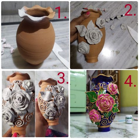 Diy hand painted 3d rose flower decoration. Hand painted pot. Diy beautiful flower vase ( home decor). Pot Decoration Ideas, Beautiful Flower Vase, Seal Craft, Clay Moulding, Pot Decoration, Clay Flower, A Beautiful Flower, Flower Diy, Cute Couple Drawings