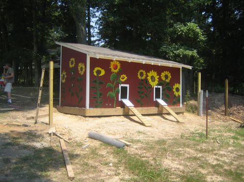 Chicken coop. We had every family member of our family and our best friend's family design a sunflower and paint it on. Flower Bed Around Chicken Coop, Sunflower Chicken Coop, Chicken Coop Solar Power, Coop Signs, Western Town Chicken Coop, Raising Rhode Island Red Chickens, Chicken Coop Signs, Family Design, Ranch Life