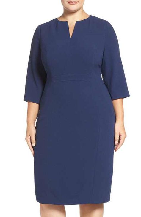 Adrianna Papell Split Neck Sheath Dress (Plus Size) Plus Size Work Dresses, How To Dress Well, Figure Sculpting, Scrubs Dress, Workwear Wardrobe, Knit Skater Dress, Plus Size Work, Afrikaanse Mode, Office Dresses For Women