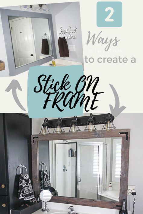 Diy Mirror Frame, Light Fixture Makeover, Master Bath Mirror, Bathroom Mirror Makeover, Stick On Mirror, Bathroom Mirrors Diy, Large Bathroom Mirrors, Diy Upholstery, Diy Storage Rack