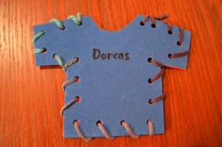 Bible Class Creations: Dorcas-Cut 2 shirts or dresses and punch holes around edges.  Use a long piece of yarn, start on right shoulder and tie. Bible Story Crafts, Preschool Bible, Kids Bible, Bible Crafts For Kids, Sunday School Activities, Bible Coloring Pages, Childrens Bible, Christian Education, Church Crafts