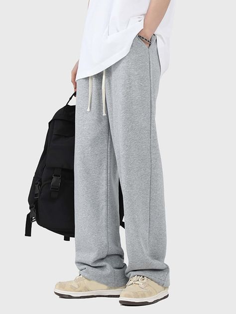 Grey  Collar  Knitted Fabric Plain Straight Leg Embellished Non-Stretch  Men Clothing Flared Joggers Outfit Men, Nike Sweatsuit Men, Fits With Sweatpants, Grey Sweatpants Outfit, Gray Sweatpants Man, Pajama Pants Outfit, Gray Sports Pants, Nike Sweatsuit, Men Sweatpants