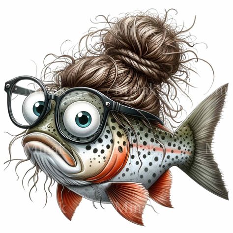 Trout Art, Fish Png, Whimsical Fish, Messy Hair Bun, Creative Elements, Fishing Art, Oversized Glasses, Fish Illustration, Sublimation Projects