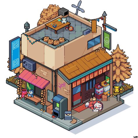 “Little isometric #pokemon scene in my style #pixelart #art” Pixel Building Art, Pixel Isometric Art, Cute Isometric Art, Isometric Art House, Isometric Art Tutorials, Pokemon Buildings, Isometric Concept Art, Pixel Art Street, Pixel Isometric