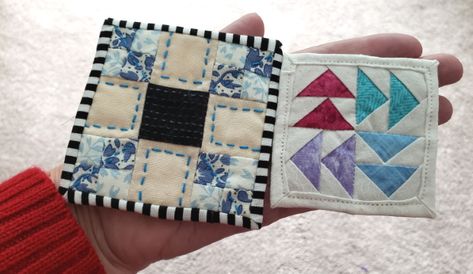 Mini Mini, Micro Mini, and Teeny Tiny Quilts – The Questioning Quilter Tiny Quilts Patterns, Tiny Quilts, Mini Quilt Blocks, Miniature Quilts Patterns Free, Mini Quilts Miniatures, Fabric Collage Art Mini Quilts, Micro Mini Quilts, Miniature Quilts Minis Free Pattern, Mini Charm Quilt Patterns