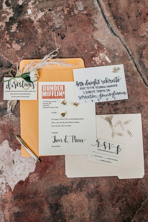 This Office-Themed Wedding Deserves ALL of Michael Scott's Dundies Office Wedding Ideas, The Office Themed Wedding, Office Themed Wedding, Office Themed Party, Office Birthday Party, The Office Wedding, Office Themes, Office Birthday, Wedding Photo Shoot