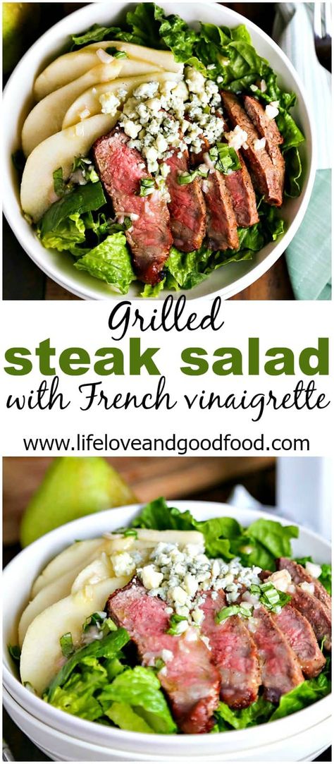 A lite French Vinaigrette works perfectly with the tender grilled steak, juicy pears, and blue cheese on this entrée salad. Good Food Healthy, Steak Ideas, Salad Supreme, Summer Entrees, Salads Ideas, Salad Meals, French Vinaigrette, Grilled Steak Salad, Simple Salads