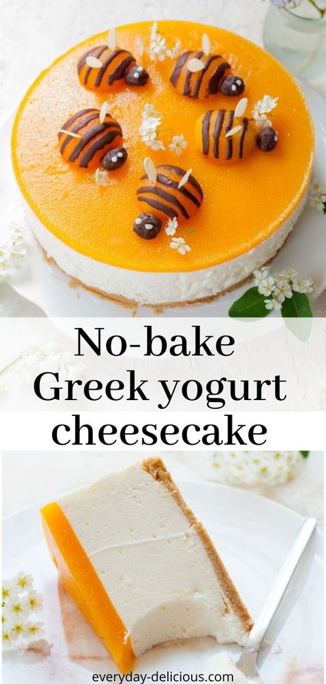 Light and refreshing no-bake Greek yogurt cheesecake with apricot mousse on top. #nobakecheesecake #nobakedesserts Yoghurt Cheesecake No Bake, Cheesecake With Greek Yogurt, Apricot Mousse, Weight Watchers Cheesecake, Greek Yogurt Cheesecake, Yogurt Cheesecake, Greek Yogurt Cake, Yogurt Mousse, Lighter Recipes