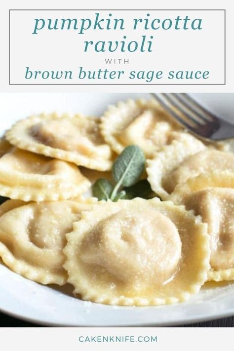 Pumpkin Ricotta Ravioli with Brown Butter Sage Sauce is an elegant meal that every fall dinner should feature. The rich pumpkin ricotta filling plays off the silky brown butter sage sauce, all with fresh homemade pasta! Don't let the homemade pasta intimidate you - it really is easier than you think to create. | cakenknife.com #pumpkinravioli #pumpkinpasta #falldinner #homemadepasta Veggie Entrees, Pumpkin Ricotta, Butter Sage Sauce, Brown Butter Sage Sauce, Brown Butter Sage, Fresh Pasta Recipes, Sage Sauce, Ricotta Filling, Pumpkin Ravioli