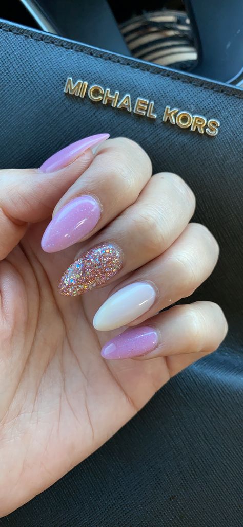 Fun Short Almond Nails, Sparkly Birthday Nails, Almond Natural Nails, Almond Birthday Nails, Sparkly Almond Nails, Almond Dip Nails, Birthday Nails Almond, Glitter Almond Nails, 2023 Nails Ideas