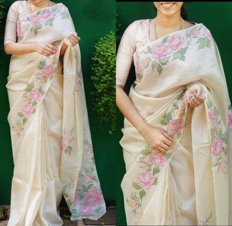 Saree Painting Designs, Printed Organza, Saree Painting, Saree Floral, Hand Painted Dress, Organza Silk Saree, Hand Painted Sarees, Organza Sarees, Elegant Saree