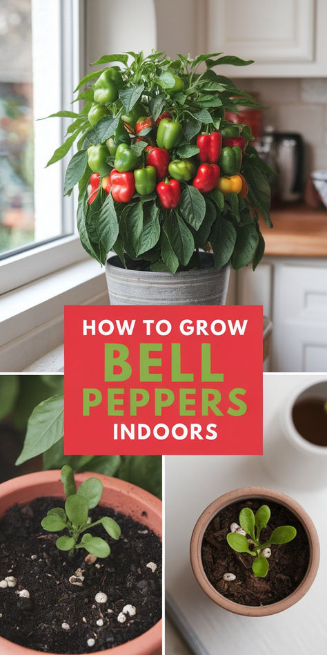 A healthy indoor bell pepper plant growing in a sunny windowsill, surrounded by gardening tools. Foods You Can Grow Indoors, Grow Veggies Indoors, Grow Peppers Indoors, Indoor Planting Vegetables, Bell Pepper Seeds How To Grow, Indoor Pepper Plant, Food You Can Grow Indoors, How To Grow Vegetables Indoors, How To Grow Bell Peppers