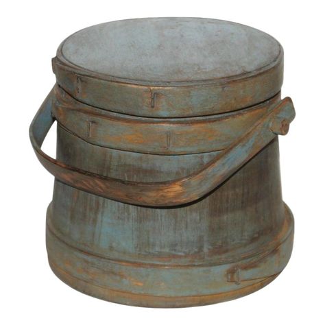 This 19thc blue painted furkin or sugar bucket is such a cute small scale size and great later blue painted surface. Rustic Primitive Decor, Bread Boards, Pantry Boxes, Old Baskets, Antique House, Paint Buckets, Antique Samplers, Prim Decor, Wood Paint