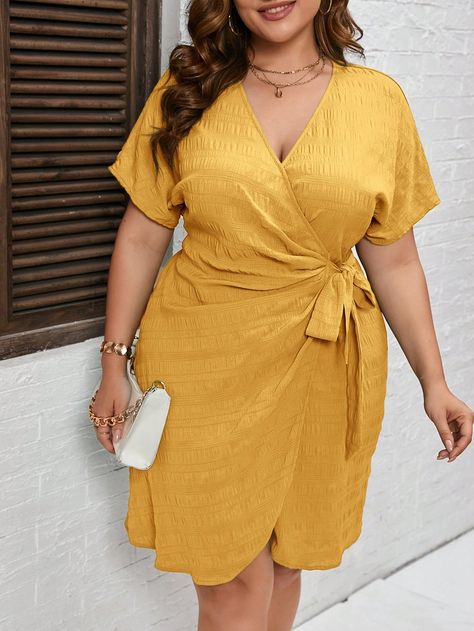 Yellow Casual Collar Short Sleeve Woven Fabric Plain A Line Embellished Slight Stretch Summer Women Plus Clothing Plus Size Yellow Dress, Guest Outfit, Kids Beachwear, Dress Summer, Wedding Guest Outfit, Belted Dress, Yellow Dress, Dress P, Plus Clothing