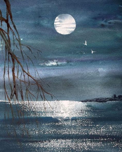 Moonlight Beach, Beach Drawing, Abstract Watercolor Landscape, Beach At Night, Watercolor Sky, Moonlit Night, Beach Watercolor, Watercolor Landscape Paintings, Watercolor Art Lessons