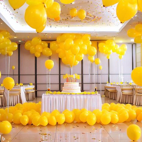 Birthday decorations by balloons yellow balloon hall decorations Yellow Party Aesthetic, Yellow Birthday Parties, Hall Decorations, Yellow Party, Yellow Birthday, Parents Anniversary, Yellow Balloons, Charcuterie Inspiration, Hall Decor