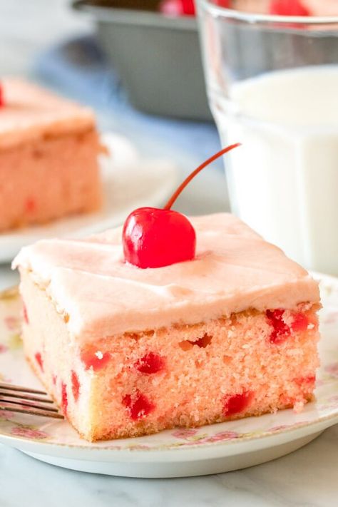 This homemade maraschino cherry cake has a moist, buttery-soft texture, beautiful pink color and delicious cherry flavor. The cake uses both chopped maraschino cherries and maraschino cherry juice, along with maraschino cherry juice in the frosting. Perfect for Valentines day and oh so pretty! #cherrycake #maraschinocherries #valentinesday #dessert #cake #easy #cherries #frosting Maraschino Cherry Cake, Cherry Chip Cake Mix, Cherry Chip Cake, Cherry Frosting, Unfrosted Cake, No Bake Cherry Cheesecake, Peanut Butter No Bake, Cherry Cake, Cherry Recipes