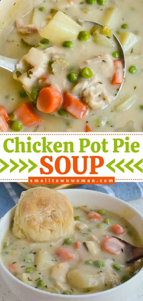 Looking for soup ideas? Here's an easy winter recipe on the stovetop! This winter meal with rotisserie chicken is a hearty dinner. Complete with potatoes, vegetables, and homemade drop biscuits, this is the BEST chicken pot pie soup! You'll love this simple comfort food! Chicken Pot Pie Soup Recipe, Creamy Chicken Pot Pie, Best Chicken Pot Pie, Small Town Woman, Chicken Pot Pie Soup, Pot Pie Soup, Comforting Dinner, Easy Chicken Pot Pie, Best Soup