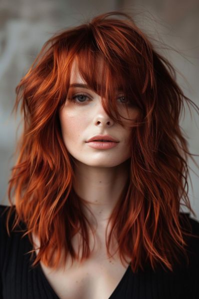 18+ Wolf Cut Hairstyles That Are So Edgy And Chic Dark Edgy Hair Color, Side Part Wolf Cut, Wolf Cut Fine Hair, Red Hair Wolf Cut, Edgy Haircuts For Long Hair, Rocker Chic Hair, Wolf Cut Hairstyles, Rock Star Hair, Dark Auburn Hair Color