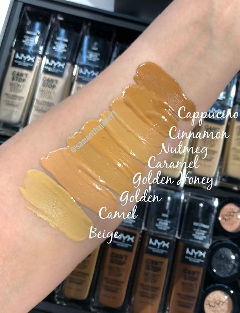 NYX Can't Stop Won't Stop Foundation Swatches | Samantha Jane Nyx Cant Stop Wont Stop Foundation, Nyx Foundation, Cant Stop Wont Stop, Kabuki Makeup, Makeup Collection Goals, Skin Tone Makeup, Foundation Swatches, Foundation Tips, Makeup Brush Kit