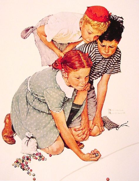 "Marble Champion"-Norman Rockwell                                                                                                                                                      More Norman Rockwell Prints, Norman Rockwell Art, Saturday Evening Post Covers, Rockwell Paintings, Norman Rockwell Paintings, Frank Stella, Children Playing, Henri Rousseau, Alphonse Mucha