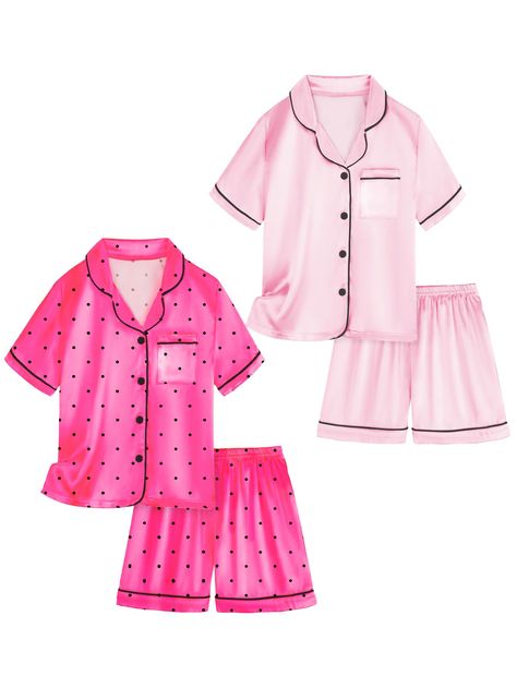 PRICES MAY VARY. Includes 4-piece girls satin short pajama set Made with premium silky satin fabric Super soft and breathable Silky short-sleeve tops tshirt and shorts pjs set for girls Machine wash cold with like colors. Do not bleach. Tumble dry low Girls 4-Piece Satin Pajamas Silky Button Down Short Pjs Set Kids Sleepwear Preppy Pajamas Amazon, Cheap Pink Pajama Shorts For Bedtime, Shorts Pjs, Tshirt And Shorts, Short Pjs, Satin Pjs, Pjs Set, Kids Pjs