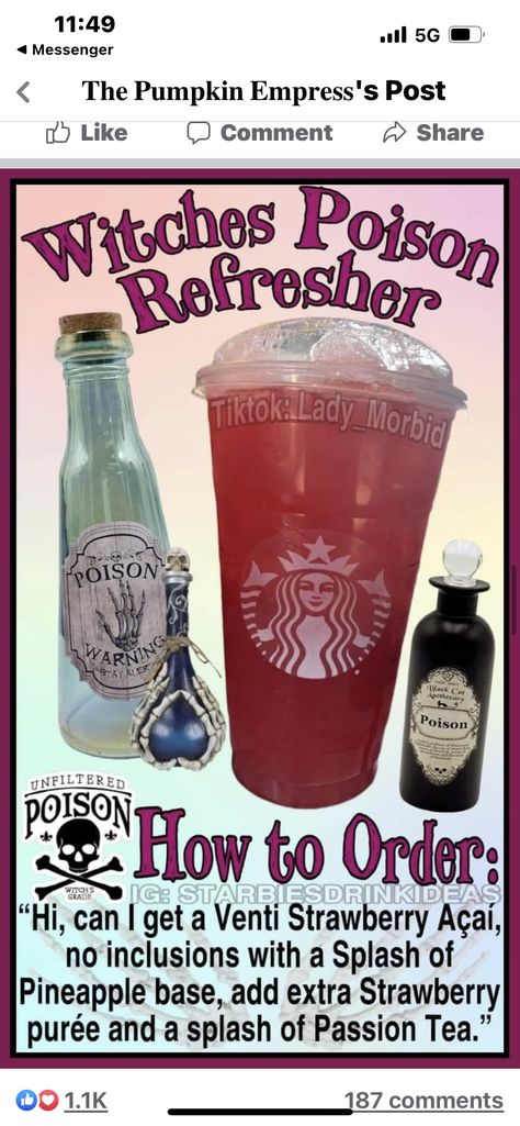 Starbucks Halloween Drinks, Starbucks Secret Menu Recipes, Cold Starbucks Drinks, Kitchen Witch Recipes, Starbucks Drinks Diy, Secret Starbucks Recipes, Iced Starbucks Drinks, Coffee Recipes Starbucks, Halloween Drink