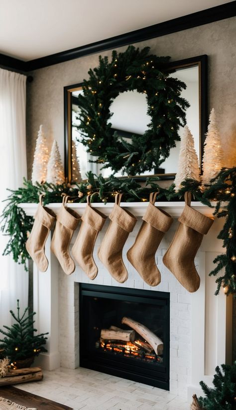 I love using burlap stockings for a rustic winter mantel look. They bring a cozy, farmhouse feel to any fireplace. I’ve found that plain burlap stockings work well, but patterned ones can add extra flair. Stockings On Mantle, Winter Mantel Decor, Winter Mantels, Mantel Decor Ideas, Burlap Stockings, Diy Winter, By The Fireplace, Mantel Decor, Cozy Farmhouse