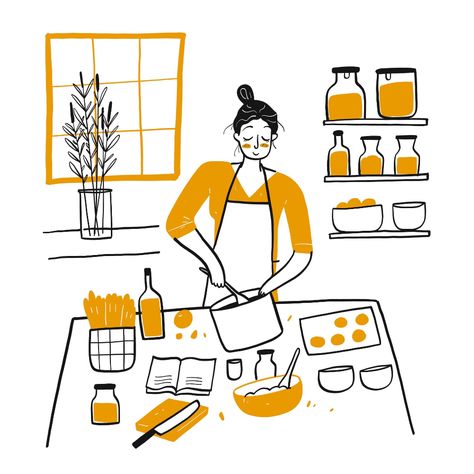 Cooking Woman, Vector Kitchen, Cook Illustration, Tofu Rice, Woman Cooking, Woman Vector, Kitchen Drawing, Mapo Tofu, Drawing Hands