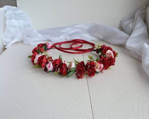 Red Pink Flower crown Red Green Floral crown Small Headpiece | Etsy Bridesmaid Hairpiece, Maternity Flower Crown, Red Hair Pieces, Boho Floral Crown, Red Flower Crown, Bridesmaid Hair Pieces, Pink Flower Crown, Rose Flower Crown, Flower Crown Hairstyle