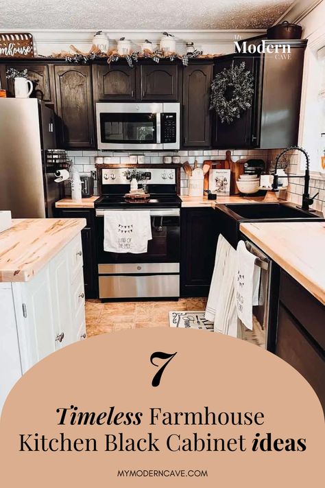 Looking to add a touch of modern elegance to your farmhouse kitchen? Check out these 7 ideas on how you can incorporate black cabinets into your space. From sleek matte finishes to classic shaker styles, there's something for every farmhouse aesthetic. Whether you're going for a bold look or a subtle contrast, these ideas will inspire you to revamp your kitchen with a contemporary twist. Black And White Kitchen Wood Accents, Farmhouse Kitchen Cupboard Ideas, Bold Farmhouse Kitchen, Black Cabinet Farmhouse Kitchen, Kitchen Paint Colors With Black Cabinets, Kitchen Wall Colors With Black Cabinets, Farmhouse Black Kitchen Cabinets, Farmhouse Kitchen With Black Cabinets, Black Kitchen Cabinets Farmhouse