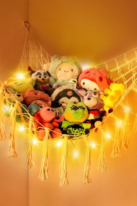 Storing Stuffed Animals, Stuffed Animal Net, Led Star Lights, Hanging Net, Library Games, Large Stuffed Animals, Star Lights, Pet Organization, Toy Display