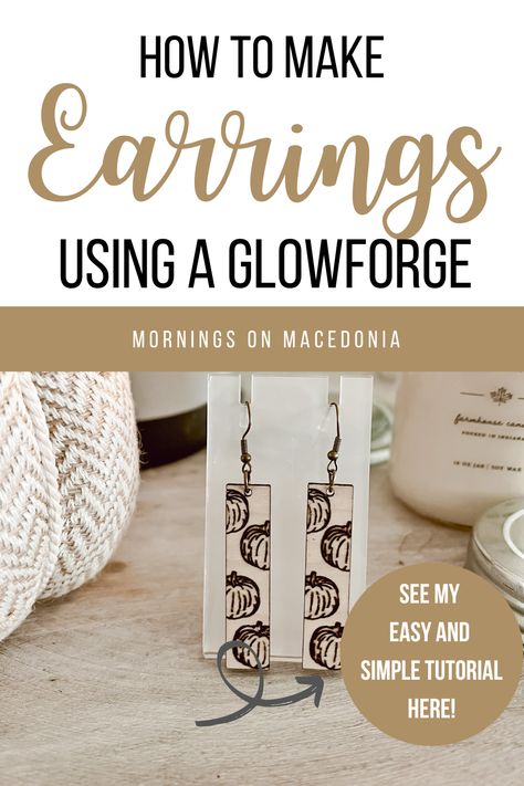 Charity from Mornings on Macedonia blog sharing how to make earrings using a Glowforge Machine! If you're curious on how to make laser cut wooden earrings, you're going to want to check this post out! I am sharing an easy step by step guide on how to make them as well as all my tips and tricks! Tap the link for the full tutorial and be sure to save this pin for future reference. Also, follow me for more Glowforge content too! Glowforge Machine, Laser Cut Wood Earrings, Make Earrings, I Cant Help It, Wooden Earrings, Laser Cut Wood, Step By Step Guide, Wood Earrings, I'm Sorry