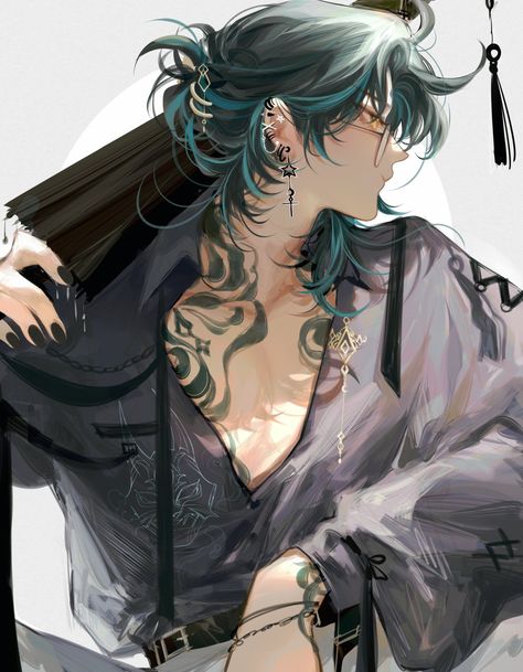 Japon Illustration, 인물 드로잉, Arte Fantasy, 영감을 주는 캐릭터, Fanarts Anime, Handsome Anime Guys, Green Hair, I'm A Simp, Handsome Anime