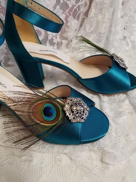 Peacock Wedding shoes Satin Teal shoes Mother of the Bride | Etsy Teal Wedding Shoes, Peacock Wedding Dresses, Block Heel Wedding Shoes, Ivory High Heels, Peacock Shoes, Feather Shoes, Teal Shoes, Peacock Wedding Theme, Beautiful Wedding Shoes