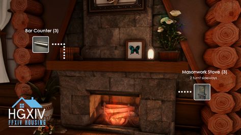 Ffxiv Fireplace, Ffxiv Housing Ideas, Xiv Housing, Ffxiv Outdoor Housing, Ffxiv Housing Cottage, Ffxiv Housing, Housing Ideas, Final Fantasy Art, Bar Counter