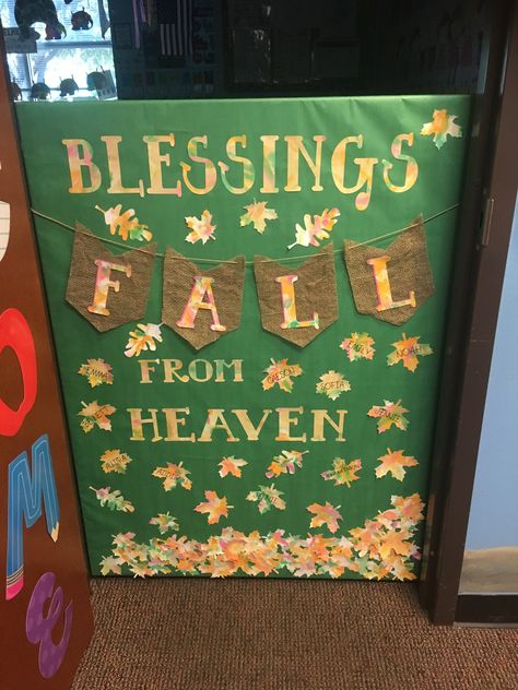 Fall classroom door. Blessings fall from heaven. Fall Christian Door Decorations, Christian Fall Door Decorations Classroom, Cute Fall Door Ideas For Classroom, Christian Door Decorations Classroom, Fall Daycare Door Ideas, Fall Classroom Door Ideas, Daycare Door Ideas, Barnyard Classroom, Fall Classroom Decorations Ideas