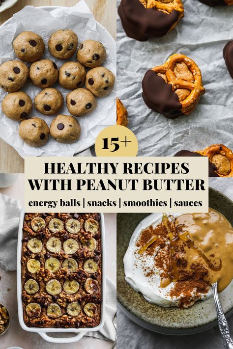 A roundup for 15+ healthy recipes with peanut butter, including energy balls, snacks, smoothies, and sauces. Peanut Butter Food, Strawberry Oatmeal Smoothie, Healthy Peanut Butter Recipes, Walder Wellness, Peanut Butter Rice Crispies, Vegan Breakfast Smoothie, Peanut Butter Dessert Recipes, Banana Baked Oatmeal, Peanut Butter Snacks